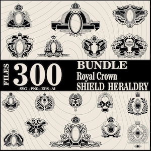 300 Files Royal Crown Mega Bundle | Heraldic Shield Clipart | Vintage Frame PNG |Coat of Arms Vector | Luxury Emblem Design | Shield Svg