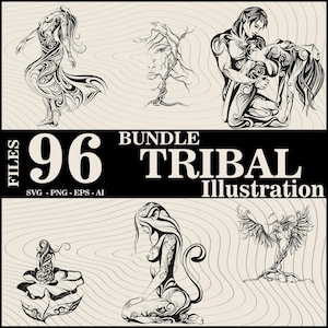 96 Files Tribal Illustration | Tattoo Style Art | Mythical Tribal Silhouettes PNG | Fantasy Tribal Design | Medusa Clipart | Tribal Animal