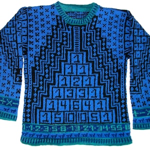 May include: A blue and black knitted sweater with a geometric pattern and numbers on the bottom hem.