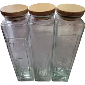 3 Glass Storage Jars With Wooden Lids For Caffé Pasta & Nuts 12x3&quot; Italy Vtg