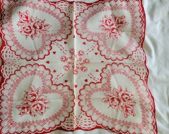 Vintage Valentine Hanky 13 in Square Red White 4 Large Hearts Center Roses 4 Bows
