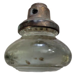 May include: A clear glass bottle stopper with a brass top. The bottle stopper has a round, bulbous shape and a smooth, polished surface.