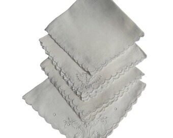Lot4 Luncheon Cocktail Napkins White Floral Cutwork Needlework Scallop 11in Vtg