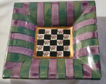 Mackenzie Childs Kelp & Urchin  Square Bowl Green Purple Stripe Rose Black Check