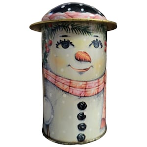 Daher Design CAPTINS Lady Snowman Trinket Litho Tin Bonnet Lid England Vtg 4x3in