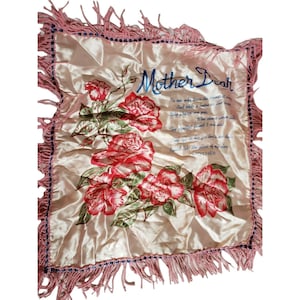 vintage satin pillow cover "Mother" with poem 17x16" 2" fringe pink blue