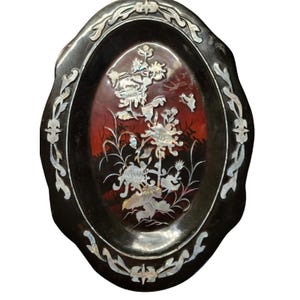 Inlayed Mother Of Pearl Floral Foliate Butterfly Lacquerware Platter Plaque