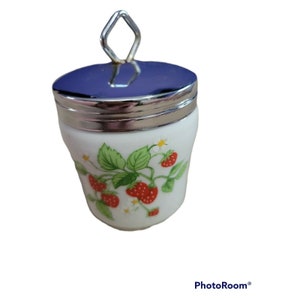 Vintage Retro Lorrie Design Japan Porcelain Egg Coddler Red Strawberries Lid 4in