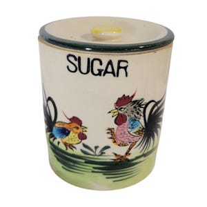 Vintage Ceramic Sugar Canister With Rooster Design Lid Hand-Painted Japan 5x4&quot;