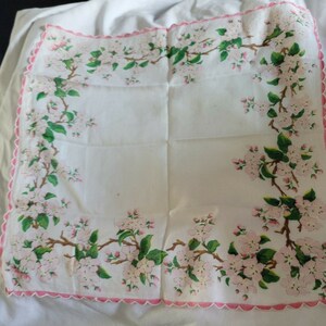 Vintage Handkerchief 13 inch Dogwood Branches white green pink brown Pink Edging