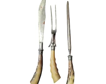 Antique Meat Carving Knife Fork & Sharpener Set With Stag Horn Handles 14 Inches