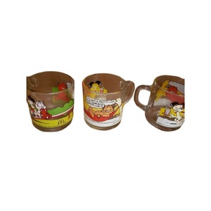 McDonald&#39;s Set of 3 Garfield Jim Davis Clear Glass Coffee Mugs Cups Vintage 1978