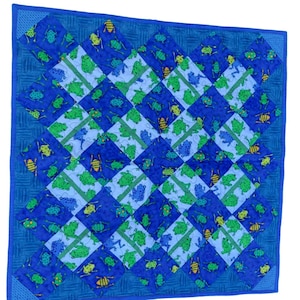 Handmade Checkerboard Frog Bug Baby Quilt Blanket Blue & Green Reverses 32x32&quot;