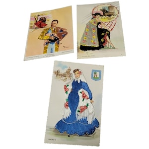 Lot Of 3 Signed Silk Embroidered Spanish People Postcards Spain Vintage