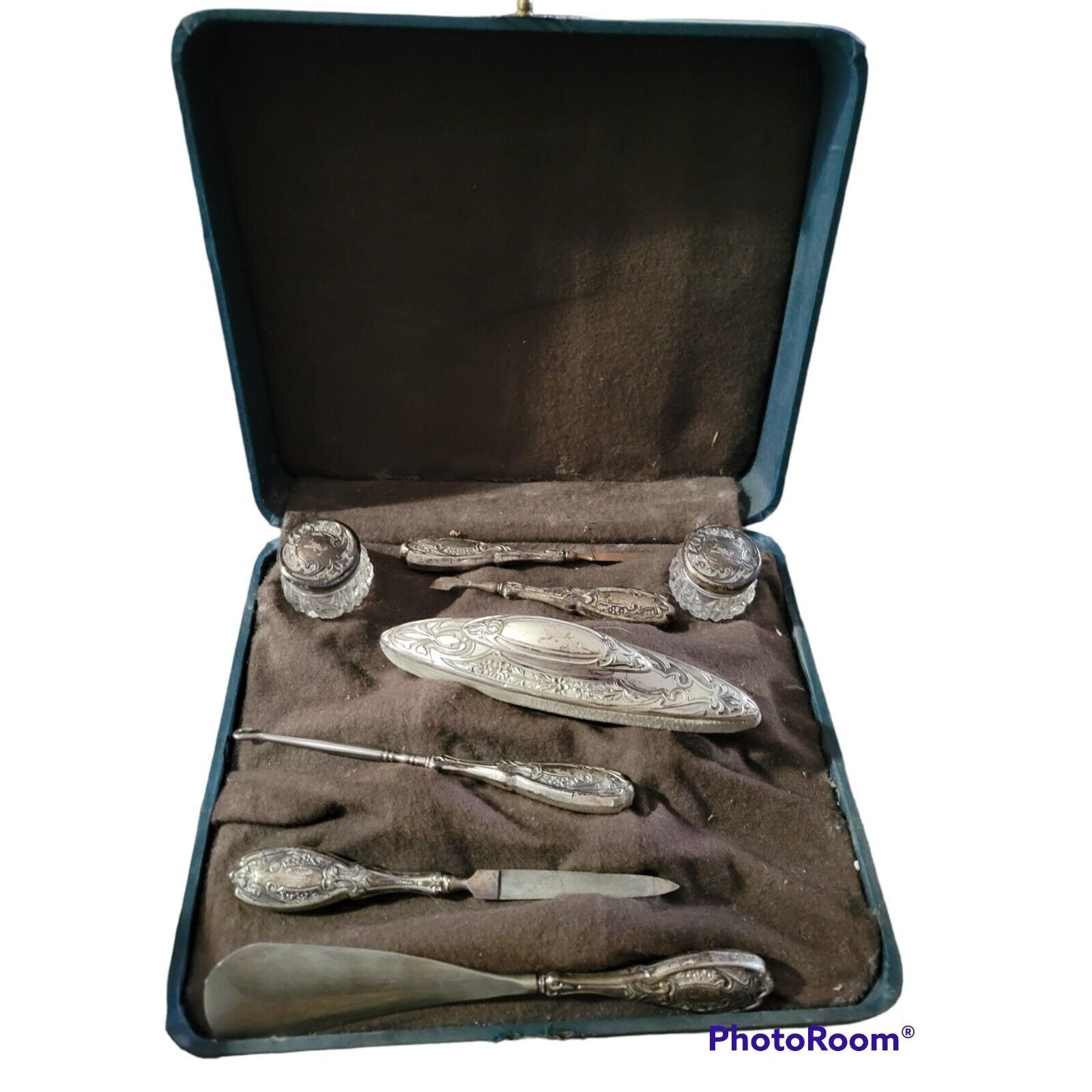 8pc and Case Sterling Silver Vanity Toiletries Travel Set Monogram