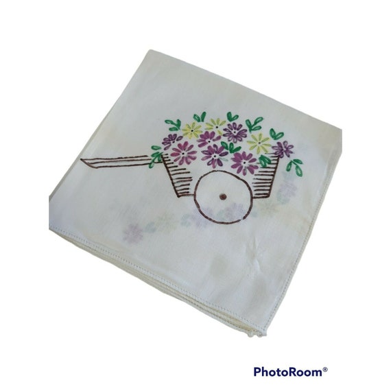 Vtg white cotton handkerchief hand painted flower… - image 3