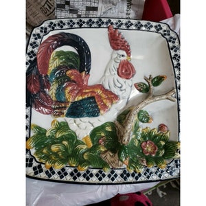 CBK Vintage 1998 13&quot; Rooster Chicken Ceramic Porcelain Divided Platter Tray Dish