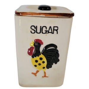 Vintage MCM Square Ceramic Sugar Canister With Rooster Design & Lid 6.25x4.25&quot;