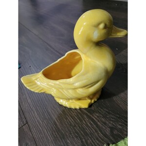 May include: A yellow ceramic duck planter with an open back for plants or decor. The duck has a detailed design with a textured surface and a glossy finish. The planter is a decorative item.
