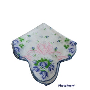 Vtg square white cotton handkerchief all over print blue pink green floral 11in