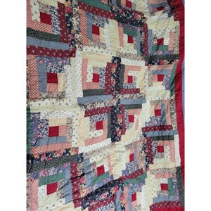 Handmade Patchwork Quilt Classic Log Cabin Pattern Red Denim Multicolor 83x85 in