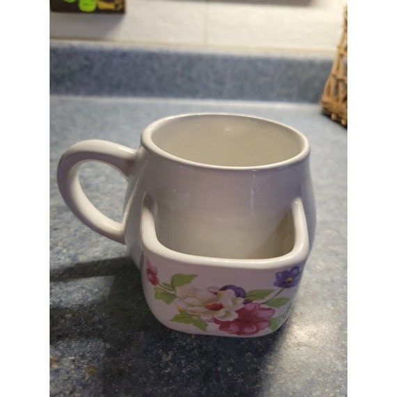 Coffee Tea Cup Mug Biscotti Tea Bag Holder Pocket White Floral 