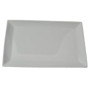 May include: A plain white rectangular serving platter with a smooth, glossy finish and slightly raised edges. The dish features a clean, minimalist design with a flat center surface and a wide, angled rim that frames the rectangular shape.