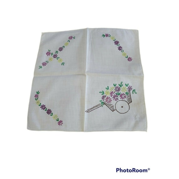 Vtg white cotton handkerchief hand painted flower… - image 2