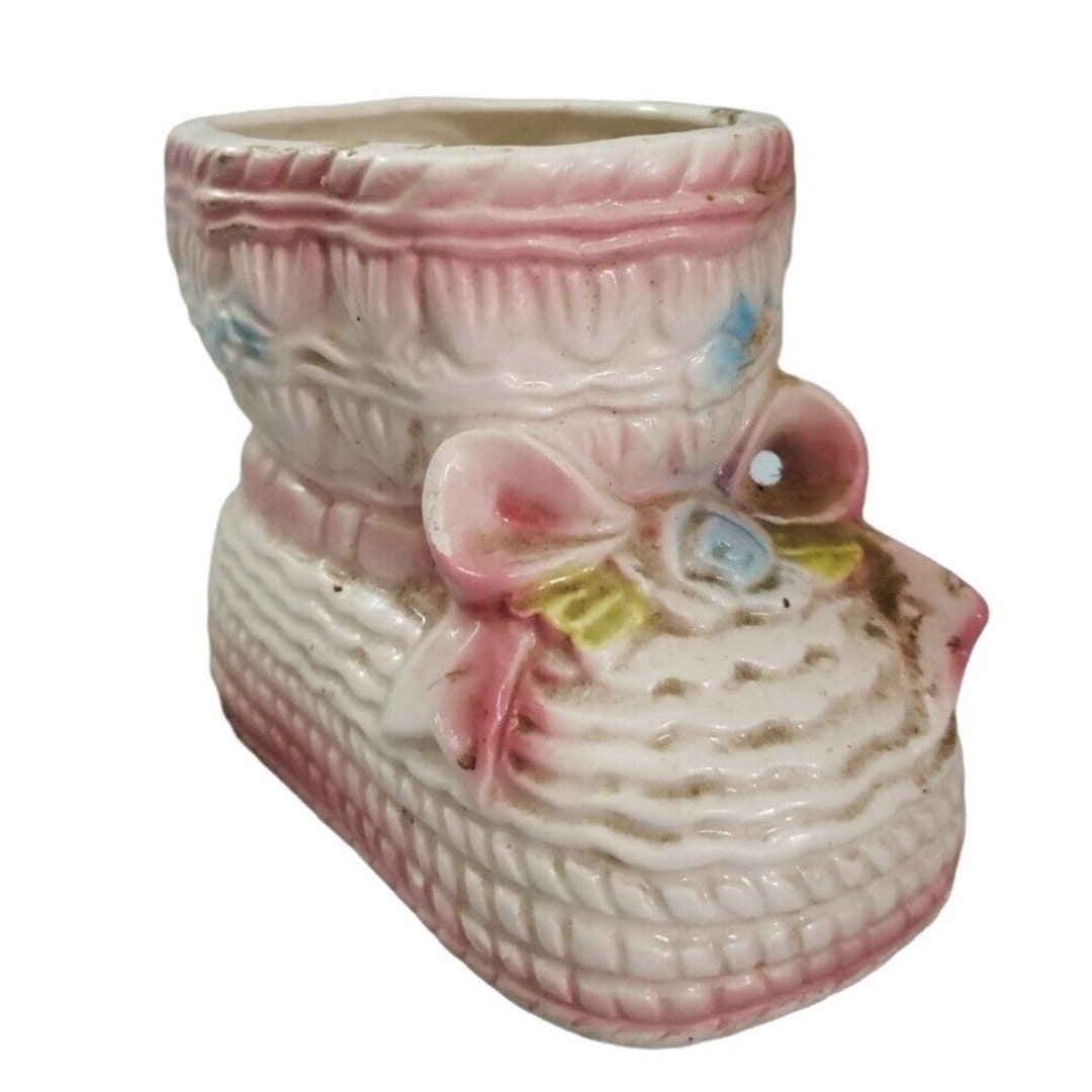 Vintage Rubens Ceramic Baby Bootie Planter Vase White & Pink 1000 Japan ...