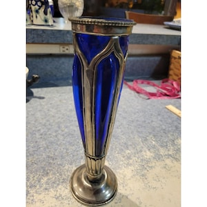 Cobalt Blue Glass Bud Vase With Ornate Silver Metal Detailing India 3x10&quot;