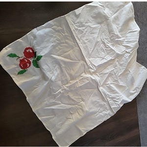 Hand Embroidered Tea Towel Red Apples Or Cherries Leaves 31x27 Inches Vintage