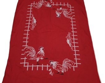 Handcrafted Tablecloth Red Linen White Cross Stitch Roosters Farms Fences 35x48