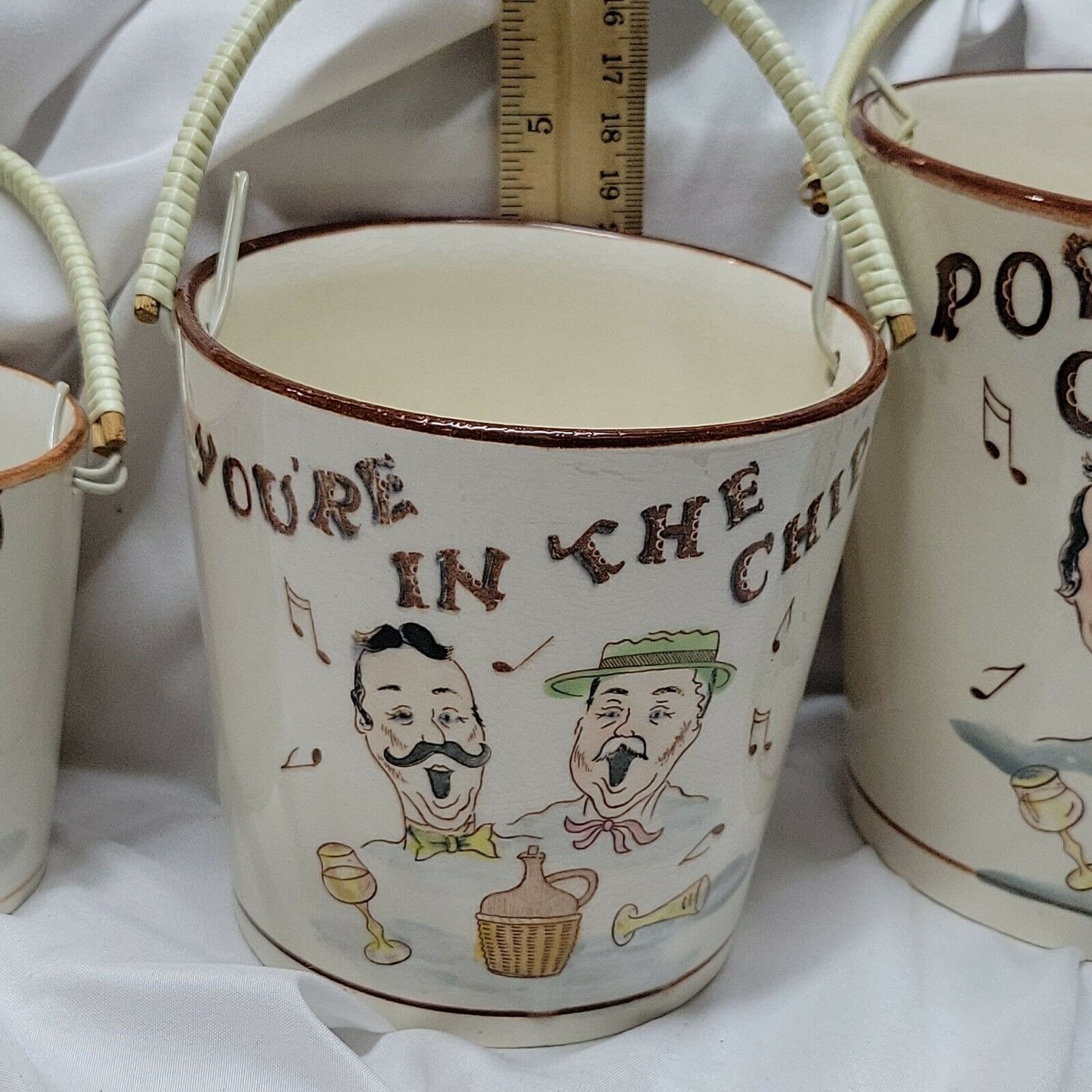 Vtg Tilso Ceramic 3 Pc Buckets Popcorn Nuts Chips Japan Can