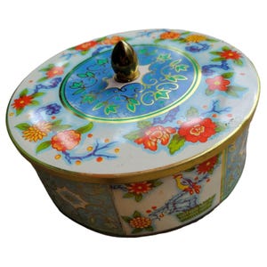 Vtg Daher Design Asian Florals & Birds Lidded Tin Box Made In England 2.5x7 in