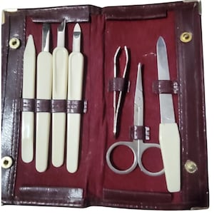 Vintage Manicure Set With Burgundy Red Leather Case & 7 Tools