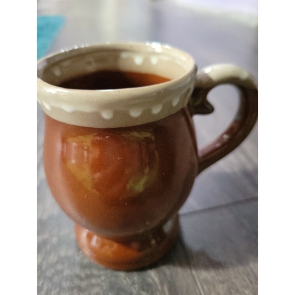 Redware Pedestal Coffee Mug Cup Brown Tan Cream Drip Trim MCM Vintage