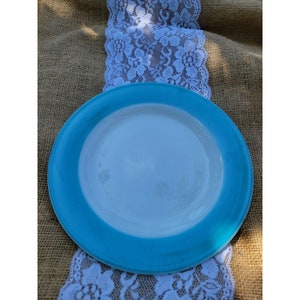 PYREX Salad Plate Milk Glass White With Turquoise Teal Blue Band  Backstamp MCM