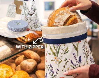 Beeswax Reusable Bread Bag, Linen-Cotton Zippered Sourdough Storage, Floral Design, Bowl Cover, Baker Gift