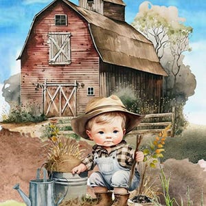 Op de afbeelding: Waterverfillustratie van een baby verkleed als boer, met een bruine hoed, geruit overhemd en overall. De baby houdt een stok vast voor een rode schuur met een gieter en een emmer.
