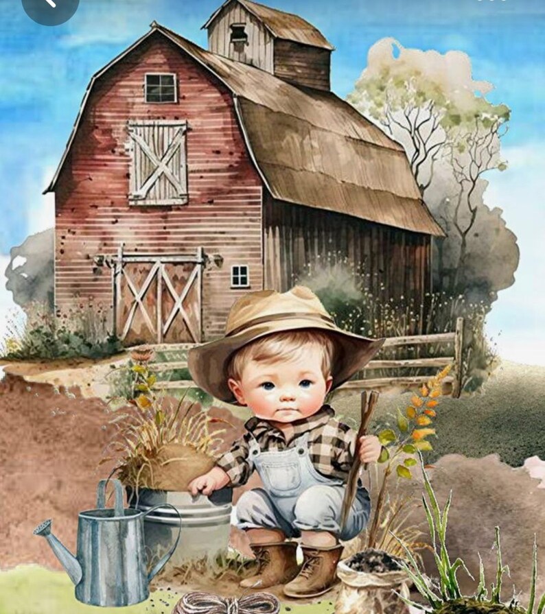 Op de afbeelding: Waterverfillustratie van een baby verkleed als boer, met een bruine hoed, geruit overhemd en overall. De baby houdt een stok vast voor een rode schuur met een gieter en een emmer.