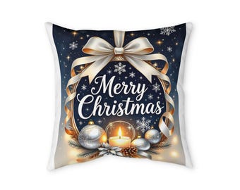 May include: A square throw pillow featuring a dark blue background with the text Merry Christmas in white script. The design includes a large white ribbon bow, silver ornaments, a lit candle, and white snowflakes on a starry night sky.