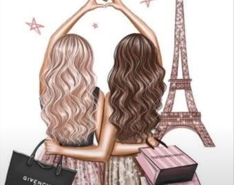 May include: Illustration of two women with long wavy hair, arms around each other, forming a heart shape with their hands. One holds a black Givenchy tote bag, the other holds two pink Victoria's Secret shopping bags, with the Eiffel Tower in the background.
