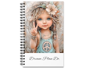 May include: Spiral-bound notebook featuring a whimsical illustration of a young girl with blue eyes, a flower crown, and a peace sign on her outfit. The notebook cover has the text "Dream. Plan. Do."