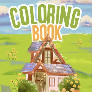Könnte beinhalten: Ein Malbuchcover mit dem Text "COLORING BOOK" in Grün und Orange. Die Illustration zeigt ein kleines Haus mit blauem Dach, umgeben von grünem Gras, gelben Blumen und einem Hasen und Küken.