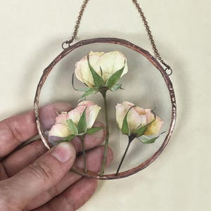 May include: A circular wall hanging featuring three pressed, light-colored roses encased between two clear glass panes. The glass is framed in a textured, dark copper-toned metal border and includes a matching copper-colored metal chain for hanging.
