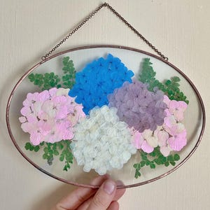 Pressed Hydrangeas In Copper Oval Frame - pressed flower art, floating frame plants
