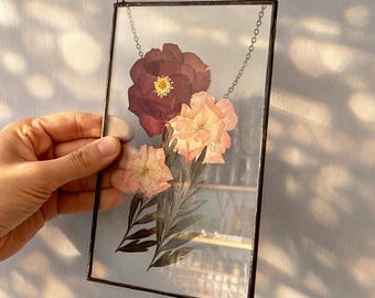 Glazen lijst met geperste bloemen – Botanische muurkunst, handgemaakt decor