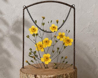 Stained Glass Floral Art - Pressed Flower Suncatcher, Pressed Buttercup Wall Hanging