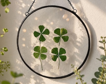 Stained Glass Suncatcher -  Four Leaf Clover Charm, Pressed Flower Frame