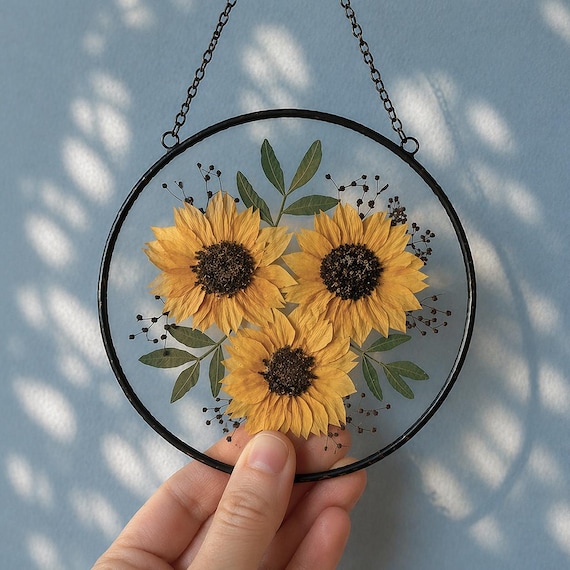 Pressed Sunflower Art: Stained Glass Floating Frame Wall Hanging